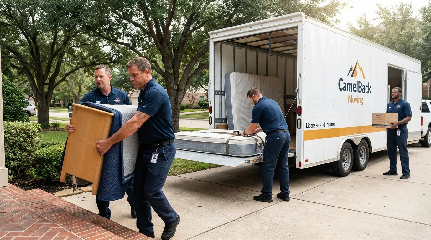 Crew loading residential truck for cross-state move from Rensselaer, IN