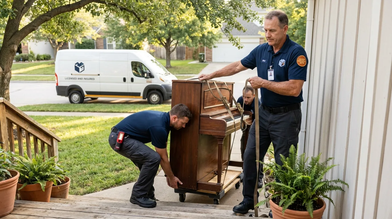 Licensed piano movers securing grand piano in Rensselaer, IN
