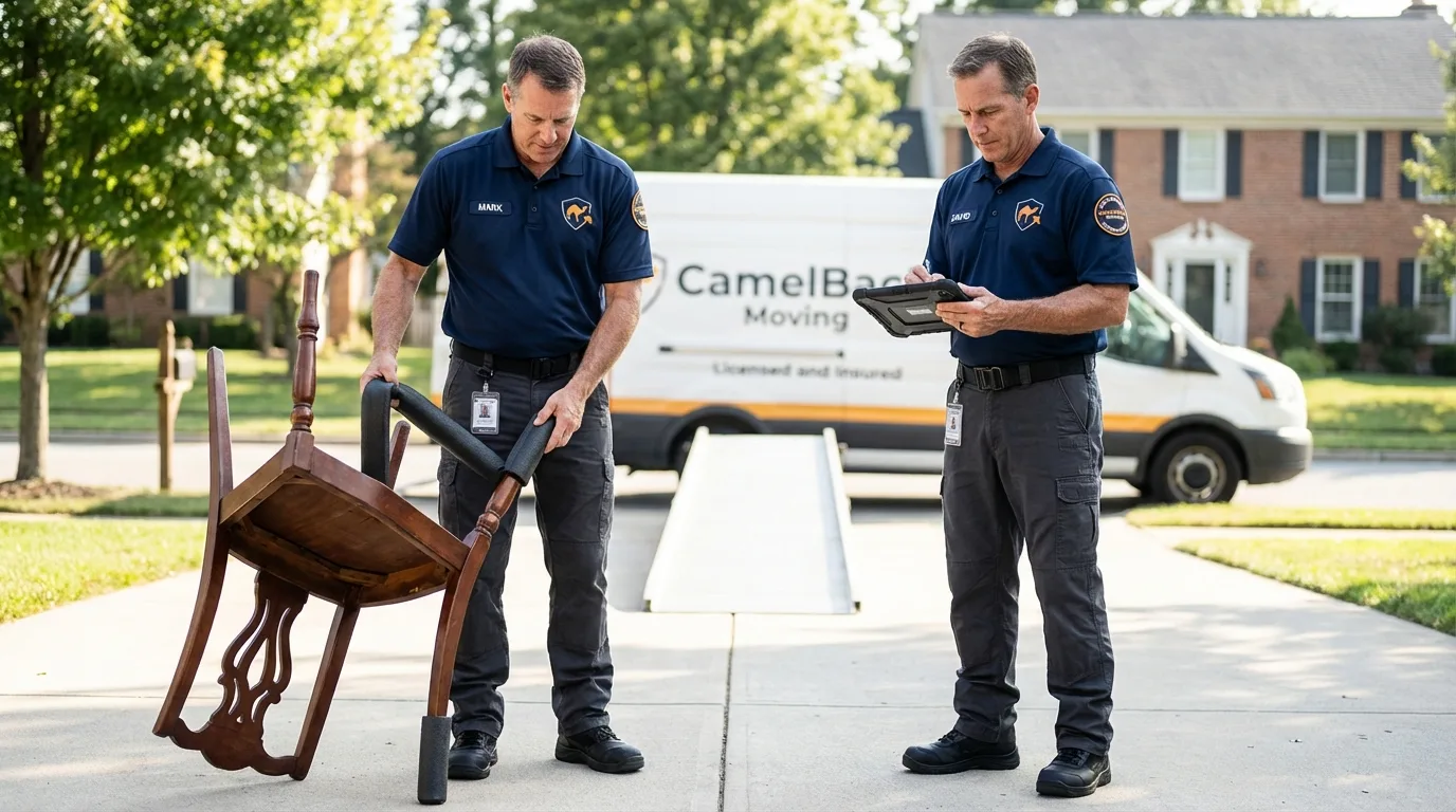 Movers inspecting furniture for damage prevention before loading in Rensselaer, IN