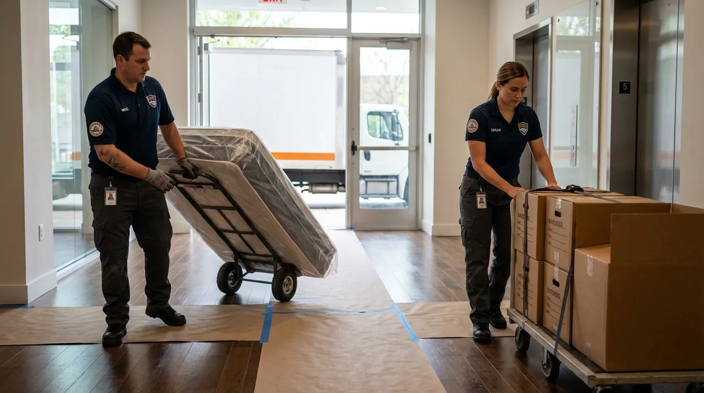Professional apartment movers loading elevator in Rensselaer, IN