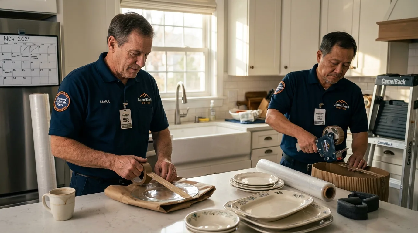 Professional crew packing kitchen dishware in Rensselaer, IN